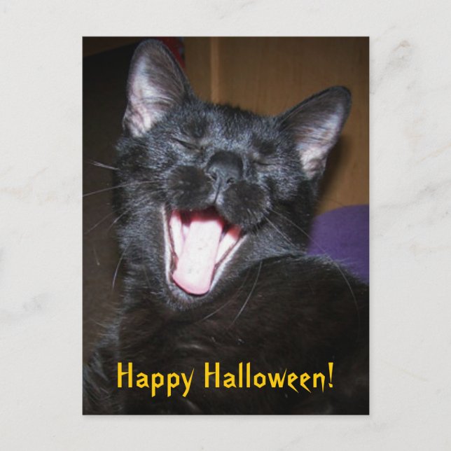 Carte postale de chat noir bâillant joyeux Hallowe (Devant)