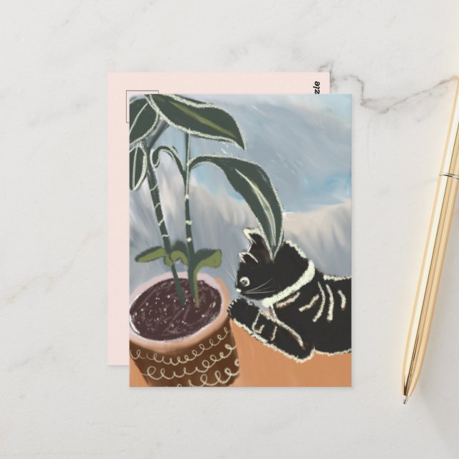 Carte postale de chat regardant les plantes d'inté (Devant/Arrière en situation)