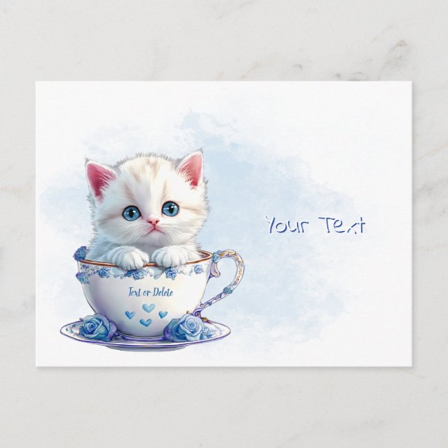 Carte postale de chaton dans une tasse avec des fl (Devant)