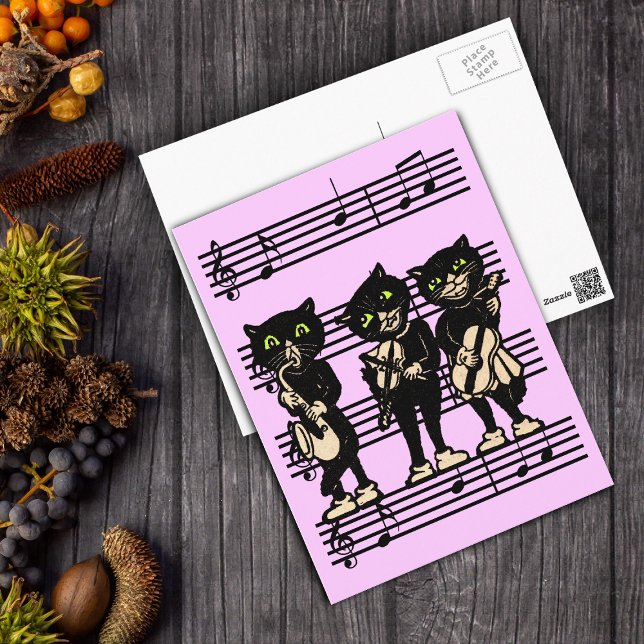 Carte postale de chats noirs musicaux (Three black musical cats standing on black sheet music on pink postcard.)