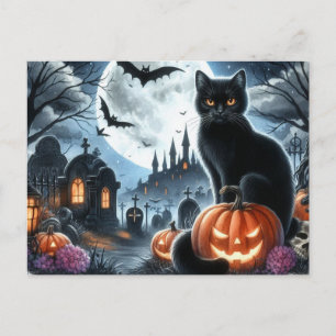 Carte postale de cimetière d'Halloween avec chat n
