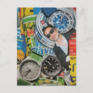 Carte postale de collage de montres et d'homme de 