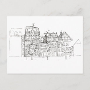 Carte postale de dessin de ville en noir et blanc