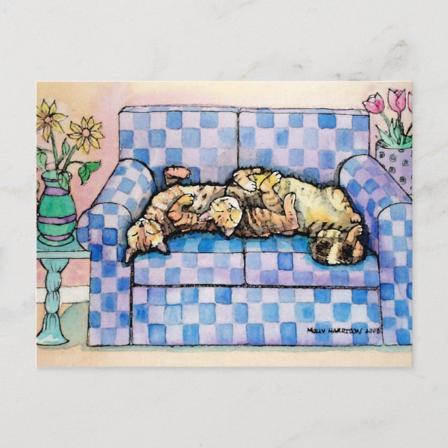 Carte postale de deux chats tabby endormis (Devant)