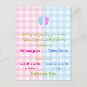 carte postale de faire-part de bébé - jumeaux