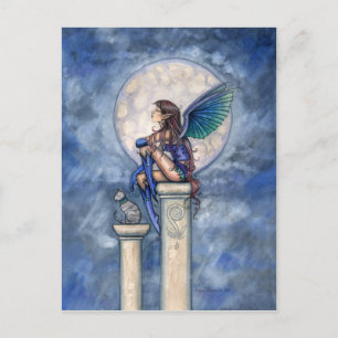 Carte postale de fée de la lune indigo et chat