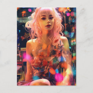 Carte postale de femme aux cheveux rose pastel