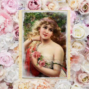 Carte postale de femme victorienne avec des roses 