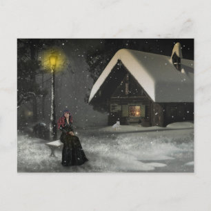 carte postale de fille de cabane en rondins d'hive