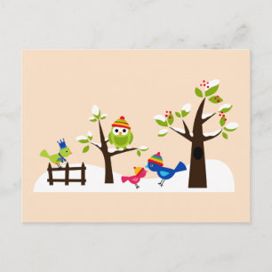Carte postale de hibou mignon oiseaux neige hiver