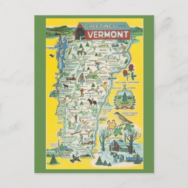 Carte postale de la carte de l'État du Vermont (Devant)