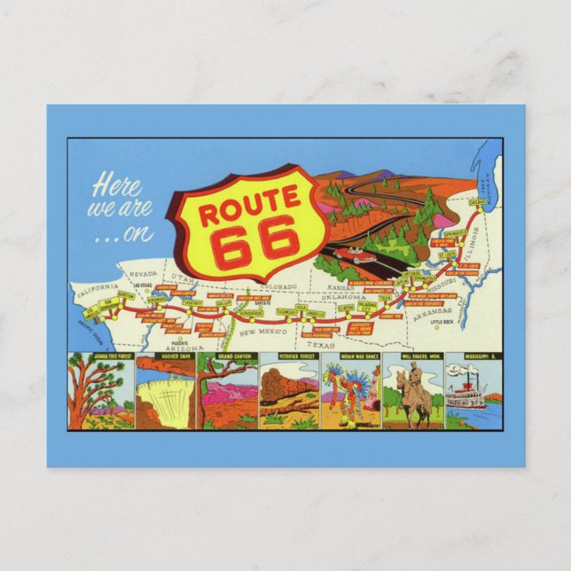 Carte postale de la carte vintage rétro Route 66 (Devant)