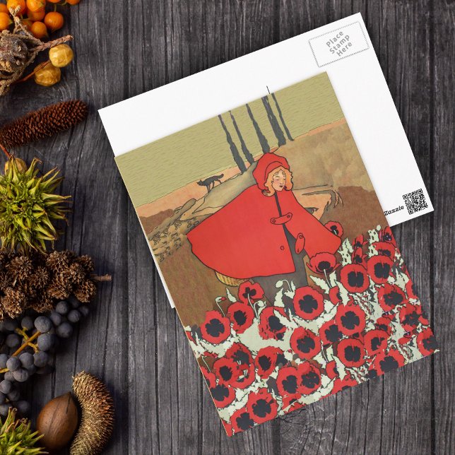 Carte postale de la cueillette des caissons de Rid (Little Red Riding Hood in red poppy flowers with wolf on fairy tale postcard.)