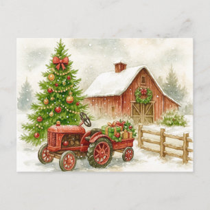 Carte postale de la ferme de Noël matin tracteur r