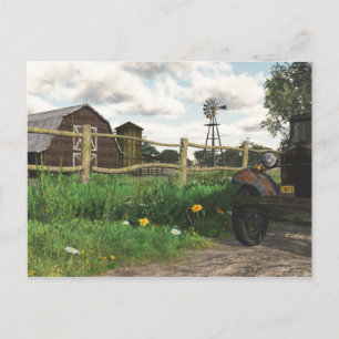 Carte postale de la grange rouge et du vieux camio