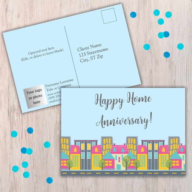 Carte postale de l'anniversaire de la maison heure (Happy Home Anniversary postcards for realtors. Add your photo/logo, contact information, and text.)