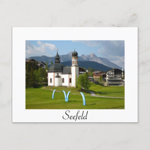 Carte postale de l'église de Seefeld en texte blan