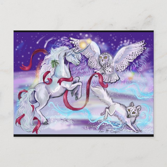 Carte postale de licorne de vacances Hibou et Rena (Devant)
