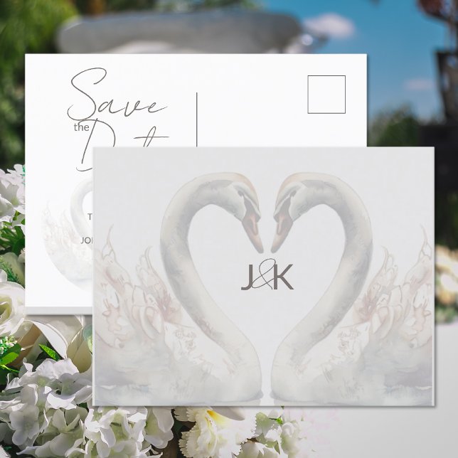 Carte postale de mariage de cygnes romantiques pou (Romantic Swans Wedding Save the Date Postcard (front and back))