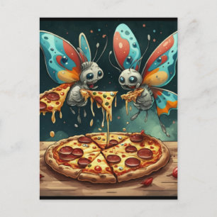 Carte Postale De mignons insectes amusants manger une pizza drôl