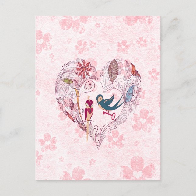 Carte Postale De mignons oiseaux adorables avec la clé de l'amou (Devant)