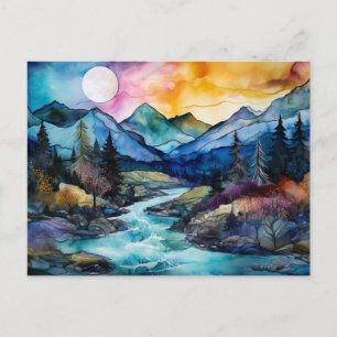 Carte postale de montagne aux fleurs sauvages aqua