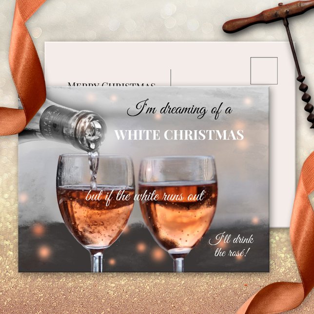 Carte postale de Noël au vin rosé drôle (Funny Christmas postcard for wine lovers, showing a painting of two glasses with a rosé wine)