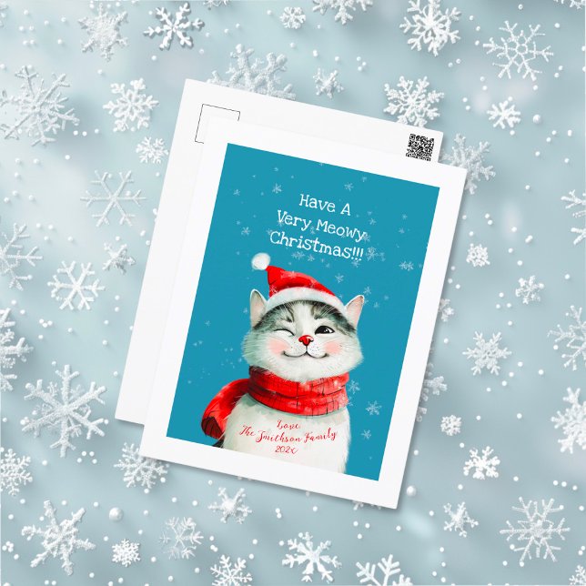 Carte postale de Noël de chat Meowy (Cute Cat Meowy Christmas Holiday Post Card)