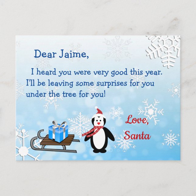 Carte postale de Noël de Père Noël à un enfant (Devant)