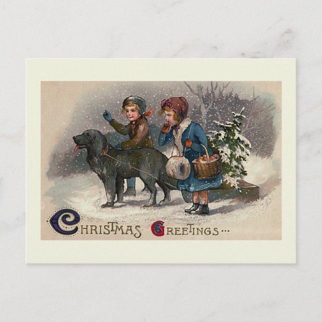 Carte postale de Noël "Dog Pulling Sled" (Devant)