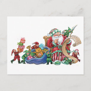 Carte postale de Noël du Père Noël, des elfes et d