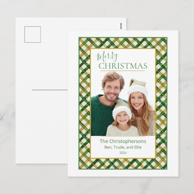 Carte postale de Noël Green Gold Plaid (Devant / Derrière)