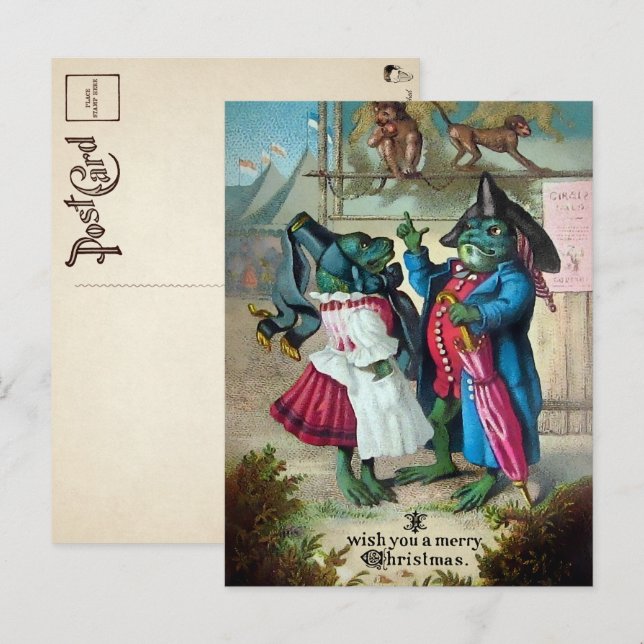 Carte postale de Noël grenouilles victoriennes vin (Devant / Derrière)