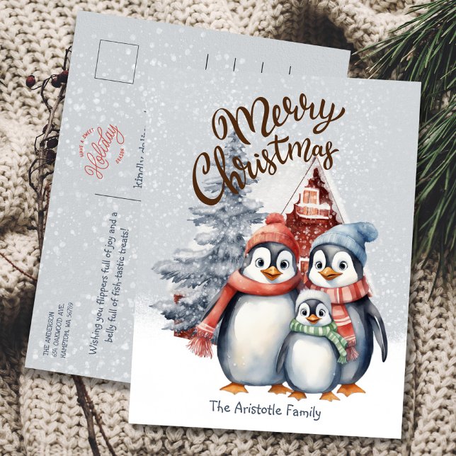 Carte postale de Noël mignonne Penguins famille va (Créateur téléchargé)