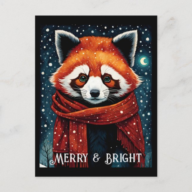 Carte postale de Noël Panda Rouge Nuit Neige (Devant)