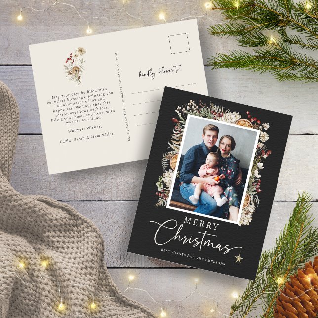 Carte postale de Noël Photo botanique (Elegant Black Rustic Boho Botanical Photo Merry Christmas Postcard
)