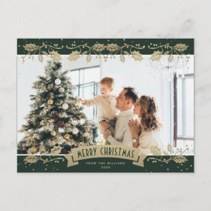 Carte postale de Noël photo de houx doré vert mode