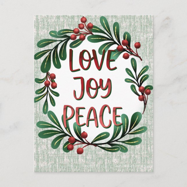 Carte postale de Noël Wreath Love, Joy Peace Holid (Devant)