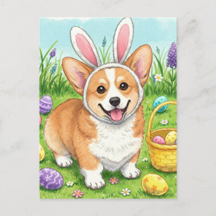 Carte postale de Pâques avec des œufs et un Corgi 