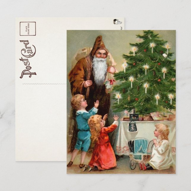 Carte postale de Père Noël victorien en robe marro (Devant / Derrière)