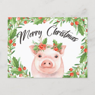 Carte postale de porc de Noël aquarelle