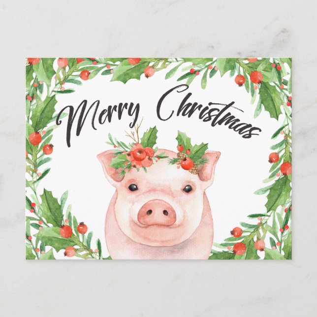 Carte postale de porc de Noël aquarelle (Devant)