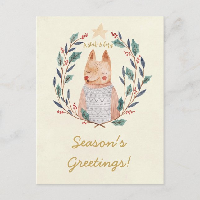 Carte postale de renard de guirlande de houx de (Devant)