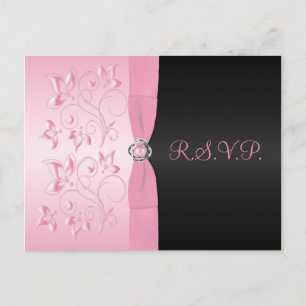 Carte postale de réponse florale rose et noire R.S