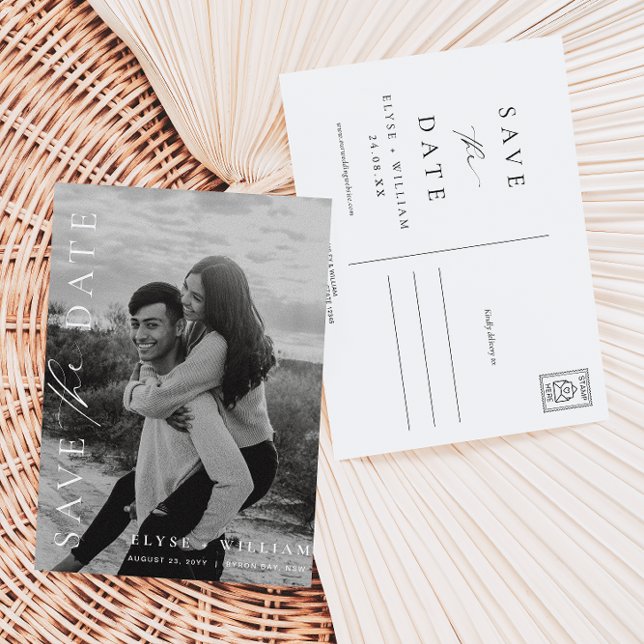 Carte postale de save the date photo minimaliste E (Ellesmere Photo Save The Date Postcard )