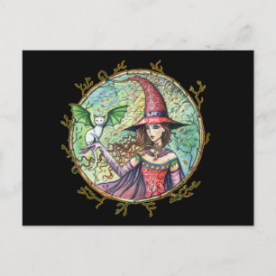 Carte postale de sorcière d'Halloween avec chat bl