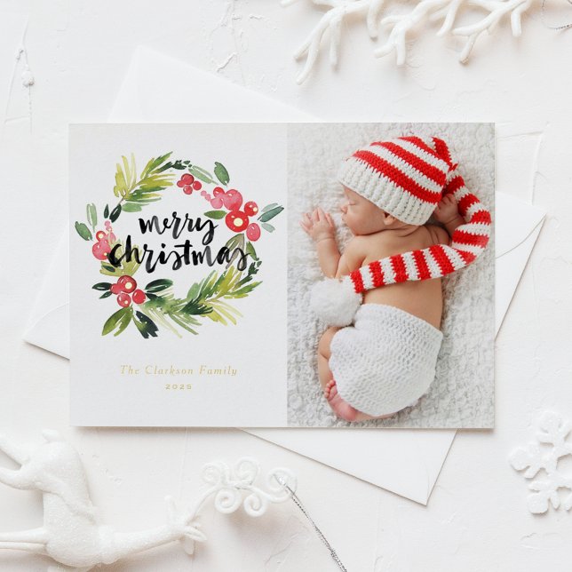 Carte Postale De Vacances En Aluminium Aquarelle Holly Wreath Joyeux Noël Photo (Créateur téléchargé)