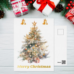 Carte Postale De Vacances En Aluminium Arbre de Noël aquarelle avec cloches à sonneries,