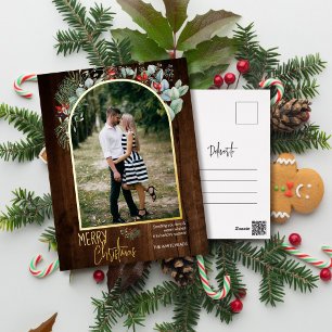 Carte Postale De Vacances En Aluminium Arc vert Joyeux Noël Photo Bois foncé