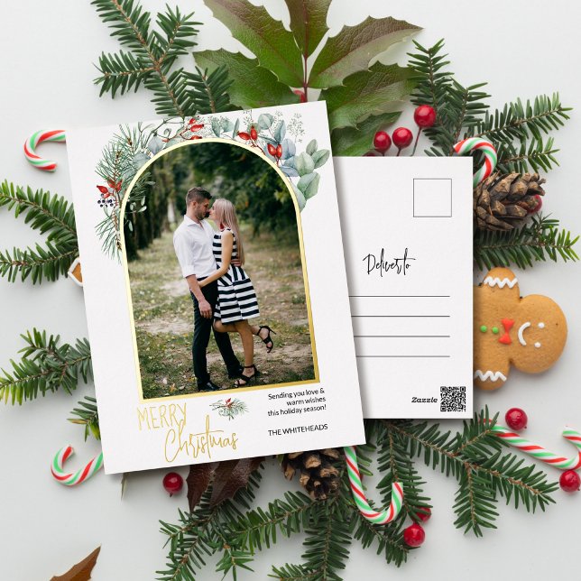 Carte Postale De Vacances En Aluminium Arch Greenery Joyeux Noël Photo (You will love these beautiful Christmas cards! They feature botanical watercolor pine and berries.)